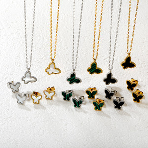 Stainless Steel Butterfly Jewelry <b>Set</b> For Women Party Fashion Earrings And <b>Necklace</b> <b>Silver</b> Gold Black Green - Product Image 1