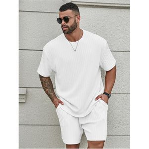 FOXA Men's 2 Piece Summer Outfit Textured T Shirt And Shorts <b>Set</b> Breathable Cotton <b>Knitted</b> Big And Tall - Product Image 5