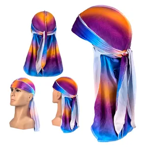 Custom gradational pattern rainbow printed dorags shiny silky velvet designer durag women men wave cap stripe bandanas
