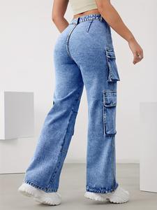 Jeans baggy pour femmes Style jambe droite de la rue principale Taille haute Jeans en denim à multiples poches Jeans <span class=keywords><strong>cargo</strong></span> empilés - Product Image 4