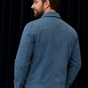 Men's Blue <b>Suede</b> Shirt <b>Jacket</b> With Pockets Turn-down Collar Zipper Closure Workwear Style Autumn Wear Wholesale OEM service - Product Image 5