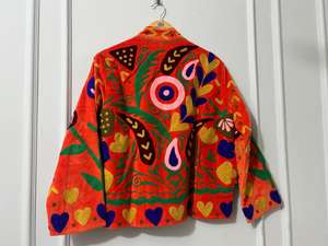 Handmade Sujani Embroidered Knitted Breathable Cotton <b>Quilted</b> Bomber Jacket Boho Folk Art Sustainable Winter Outerwear - Product Image 3