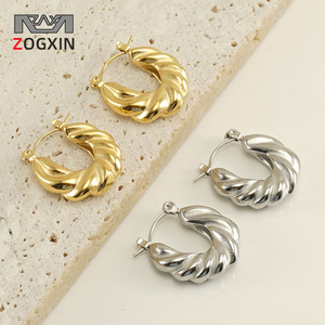 Zogxin Twisted <b>Huggie</b> Earrings Gold <b>Silver</b> U Shape Women's Everyday Wear Stainless Steel Fashion Jewelry - Product Image 1