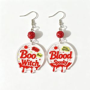 Boucles d'oreilles pendantes en acrylique avec lettres effet sang coulant pour Halloween, motif rond 'Boo' et texte effrayant, bijoux de fête gothiques - Product Image 5