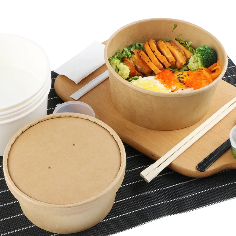 1300 ml disposable food container brown kraft paper bowl soup salad bowl with paper lid for existing sale