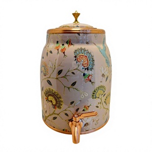 Distributeur d'eau en cuivre pur imprimé floral de designer, réservoir de 12 L, motif colibri, Matka, réservoir d'eau métallique étanche avec robinet - Product Image 1