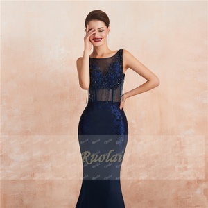 Ruolai ASA24357 barato Sexy azul marino con lentejuelas 3D flores borla rebordear transparente <span class=keywords><strong>fiesta</strong></span> Formal vestido <span class=keywords><strong>de</strong></span> noche <span class=keywords><strong>Vestidos</strong></span> largos - Product Image 4