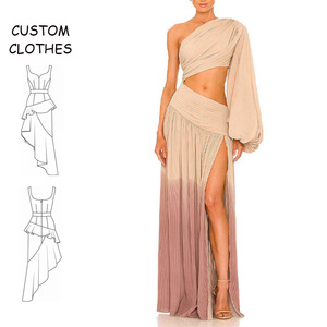 เดรสยาวพิมพ์ลายดิจิตอลแบบไหล่เดียว แขนยาว สำหรับขายส่ง ตกแต่งด้วย<span class=keywords><strong>จ</strong></span>ีบและดีเทลแบบคัตเอาท์ ชุดเดรสยาวสำหรับผู้ห<span class=keywords><strong>ญ</strong></span>ิง สามารถสั่งตัดเย็บได้ - Product Image 1