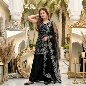 Ensemble Salwar Kameez pour femmes en tissu paisley brodé noir, robe traditionnelle avec dupatta pour mariage, tenue indienne - Product Image 1