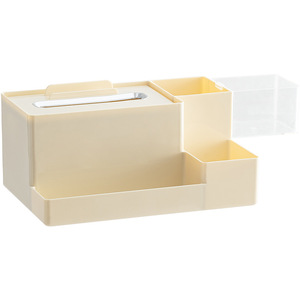 Plastic <b>Pen</b> Holder Square Creamy Yellow Off <b>White</b> Desktop Storage Box With Tissue Slot And Compartments For Office Use - Product Image 1