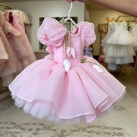 Robe de princesse rose à manches bouffantes pour filles, robe en tulle française pour fête de 1er anniversaire, enfants
