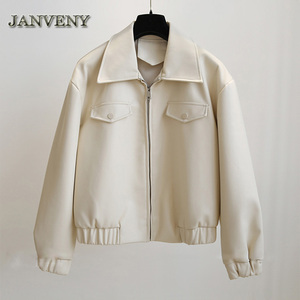 JANVENY-abrigo de cuero suave suelto para <span class=keywords><strong>mujer</strong></span>, <span class=keywords><strong>chaqueta</strong></span> de béisbol de cuero sintético con solapa de manga larga y bolsillos grandes, primavera y otoño, 2023 - Product Image 4