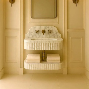 Lavabo Individual de Mármol Personalizado, Diseño Moderno Acanalado, Lavabo Flotante con Protector Trasero de Mármol, Grifo, Conjunto de Lavabo Pequeño <span class=keywords><strong>para</strong></span> Baño - Product Image 6