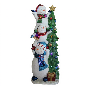 Stacked Snowmen Leaning Against Christmas <b>Tree</b> with <b>LED</b> <b>Lights</b> - Product Image 1