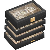 Boîte à bijoux à plusieurs étages en cuir PU avec couvercle transparent, grande capacité de rangement pour bagues, colliers, montres