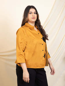 Solid Cotton Leaf Patch Work Plus Size <b>Shirt</b> for Women Spread Collar Neck Long Sleeves Party Western Casual Summer Wear Stylish - Product Image 5