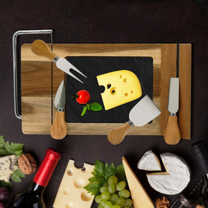Juego de tabla de quesos de madera moderna con 4 cuchillos de acero inoxidable Bandeja rebanadora de bambú y piedra para servir aperitivos - Product Image 2
