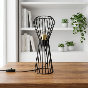 Lámpara de Mesa Moderna con Interruptor de Enchufe, Diseño Nuevo, Jaula Metálica Negra, Espiral Cálida, Minimalista, para Escritorio o Mesita de Noche - Product Image 1