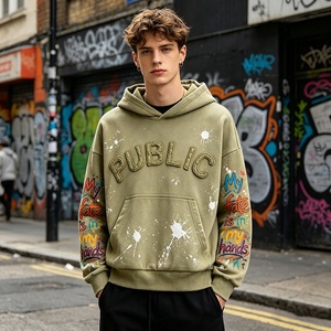 Fabricante de Sudaderas Personalizadas de Moda Urbana, 420GSM, Sudaderas con Estampado y Parches Bordados para Hombre, Estilo Primavera, con Efecto de Salpicaduras de Pintura - Product Image 3