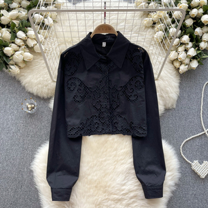 Camisa de Mujer de Manga Larga con Rayas, Estilo Lujoso y Ligero, con Detalle de Encaje y Corte Recortado a la Moda - Product Image 3