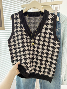 Chaleco de punto sin mangas con cuello en V y estampado de pata de gallo para mujer, estilo vintage, para otoño e invierno, ideal para capas, venta al por mayor - Product Image 3
