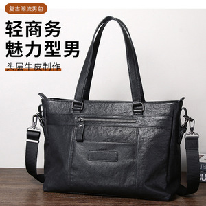 Bolso de mano de cuero genuino para hombre, bandolera de gran capacidad para viajes de negocios, Color sólido negro - Product Image 1