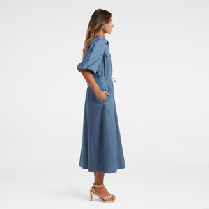 Vestidos Largos de Mezclilla para <span class=keywords><strong>Mujer</strong></span>, Estilo Casual de <span class=keywords><strong>Verano</strong></span>, con Mangas Abullonadas de Algodón, Bolsillos Laterales y Solapa - Product Image 3