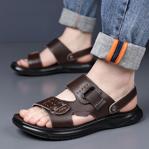 Sandalias de Cuero para Hombre, Primera Capa de Piel de Vaca, Punta Abierta, Correa con Hebilla, Antideslizantes, Zapatos Casuales de Verano - Product Image 3