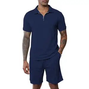 Shinesia 2 Piece Half Zip Polo Casual Sweat Suit Custom Men 2 Piece Summer Zipper Polo Tracksuit Shorts Set For Men