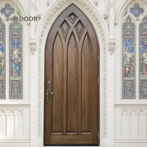Puerta Exterior de Madera Curvada de Estilo Francés con Líneas Decorativas, Acabado <span class=keywords><strong>en</strong></span> <span class=keywords><strong>Caoba</strong></span> y Roble, Puerta Frontal Doble de Madera Sólida con Arco Redondo - Product Image 3