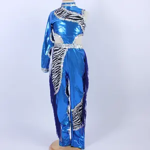Tarian Foil Biru Mengkilap Bergaris Zebra Leotard Dicetak Rumbai Pakaian Dansa Primitif Pria dari Padang Rumput Pakaian Pentas Panggung