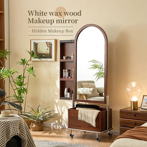 Moderner Eschenholz-Ganzkörperspiegel mit Ablagefächern Mobiler Kleiderorganizer Drehbarer Ankleidespiegel für Wohnzimmer - Product Image 1