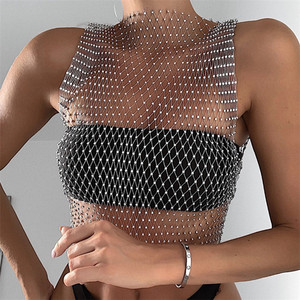 Sexy Diamonds Mesh Cropped Tank <strong>Top</strong> Women Summer Cover up Bikini See Through Rhinestone <strong>Net</strong> Party Club Crop <strong>Top</strong> - Product Image 4