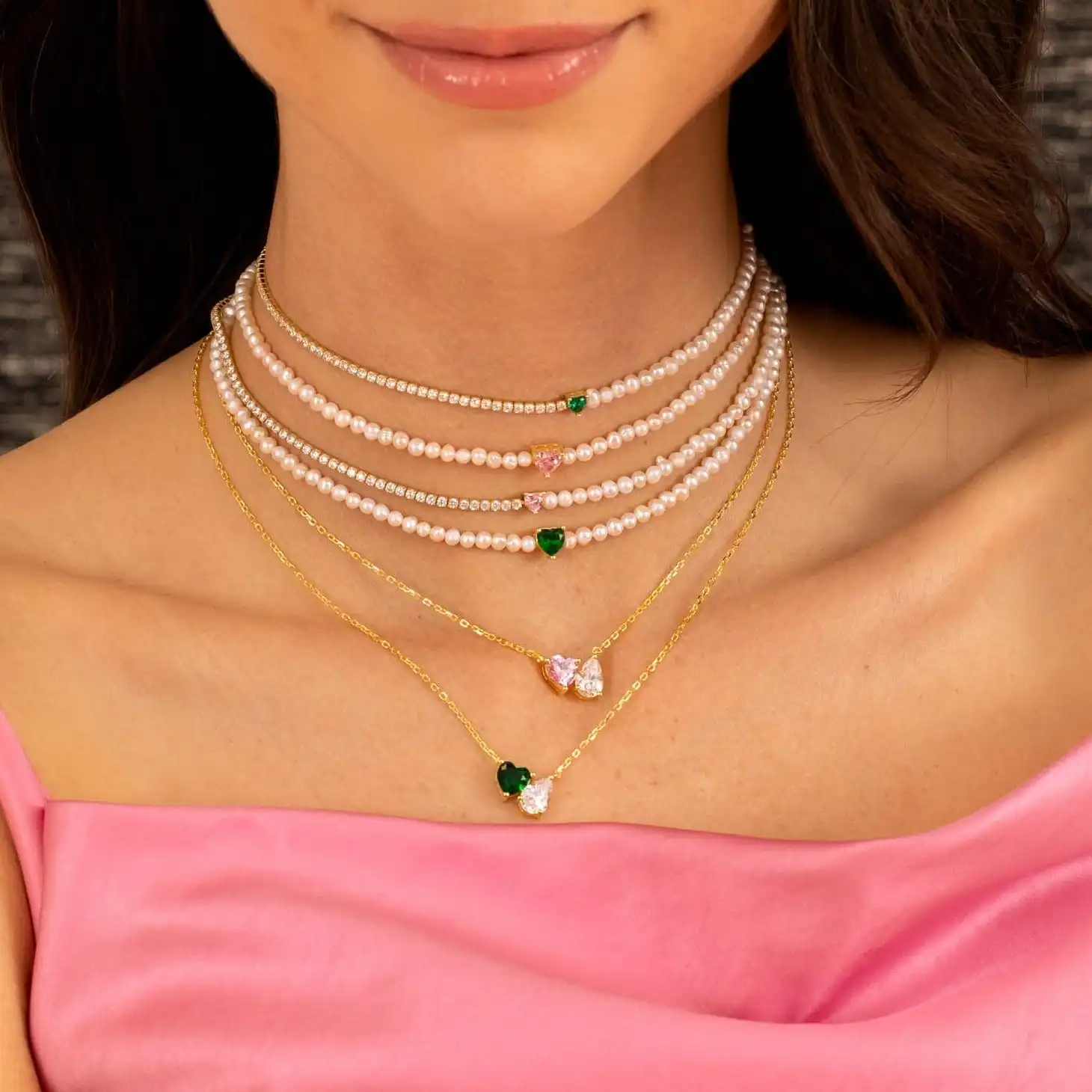 925 Sterling Silver Bling Heart Green Pink CZ Tennis Chain Natural Freshwater Pearl Choker Necklace Women Lover Jewelry