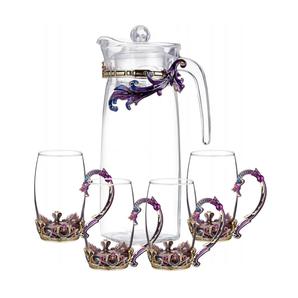 NOSHMAN desain baru Royal Modern enamel bunga kristal kaca cangkir minum teh Set sendok kendi kaca dengan ketel 1300ml