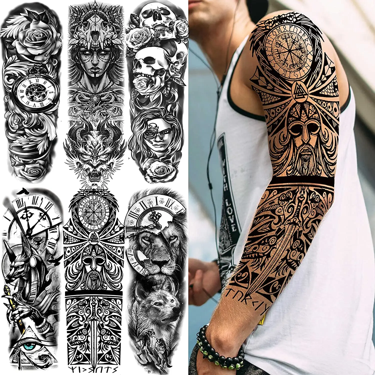 Benutzer definierte große schwarze temporäre Tattoos Vollarm temporäre Tattoo-Hülle für Männer und Frauen gefälschte große 3D-Tato-Aufkleber