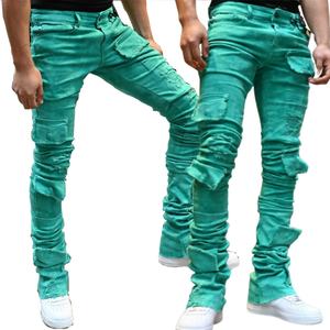 Jean cargo homme coupe slim évasée sur mesure, taille mi-haute, bords effilochés, effet usé, style empilé, vente en gros - Product Image 1