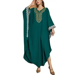Fashion pure color embroidery stitching plus size muslim dark blue kaften islamic clothing hoodies abaya enterprise
