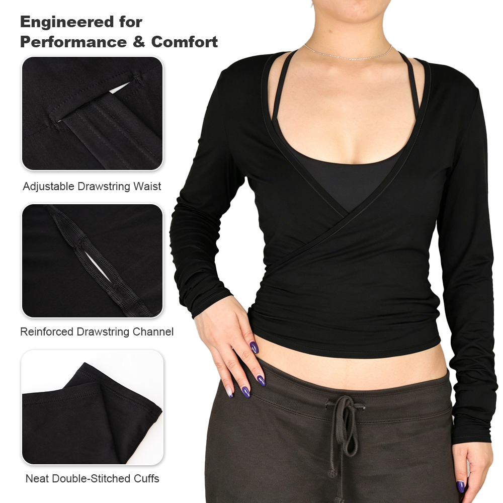 Women Lightweight Solid Fashion Long Sleeve Wrap Yoga Top Deep V Neck Tie Waist Cropped Workout Breathable Soft Stretchy Low MOQ