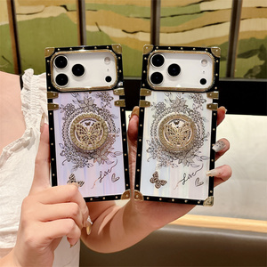Diamond Square Butterfly Ring holder Phone <b>case</b> for iPhone 17 16 15 14 Pro Max Flower stand Love IMD Rainbow Bracket Back Cover - Product Image 1