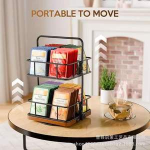 Desktop Wrought Iron Double Layer Storage Rack Tea Bag <b>Rotating</b> Organizer Wooden Base Office <b>Desk</b> Organizer Rectangle Standing - Product Image 2