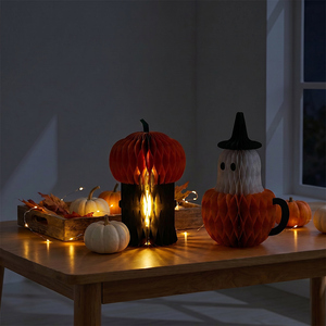 Lot de 2 lanternes citrouille 3D en papier nid d'abeille, écologiques, pour décoration intérieure, centres de table fantôme, pour Halloween et fêtes de la récolte d'automne - Product Image 6