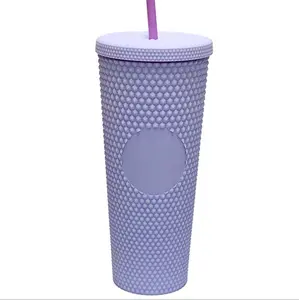 24oz BPA Free Frosted Stud Glitter Durian Cup Pineapple cup Grid tumbler double wall plastic tumbler with straw lid