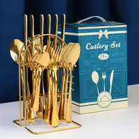 الجملة مخصص الذهبي الفولاذ المقاوم للصدأ 24 قطعة مجموعة أدوات المائدة مع لطيفة هدية مربع