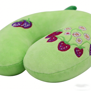 Green Plush <b>Neck</b> Pillow With Strawberry Embroidery For Kids 2-4 Years Unisex Travel Support <b>Cushion</b> - Product Image 2