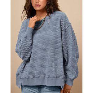 FOXA Sweat-shirt oversize femme en maille gaufrée à manches longues, col rond, respirant, épaules tombantes, haut d'automne - Product Image 3