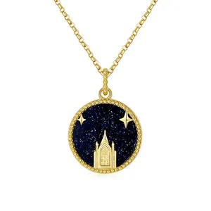 Collar de Castillo de noche estrellada 925 Plata circón estrella arte edificio chapado en oro círculo moneda colgante collar