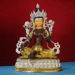 Patung perunggu murni warna kuno Sepuh Hijau Tara Buddha patung perak Tantra Tibet 10 inci platform Buddha dua kursi