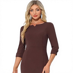 Vestido de Fiesta Formal Moderno para Mujer, Color Chocolate, Largo hasta la Rodilla, Cuello en V, Cintura Alta, Silueta Ajustada, Manga Tres Cuartos - Product Image 2