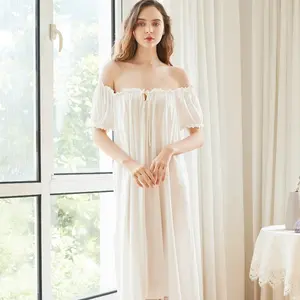 Summer Lace Hollow Out Home Loose Off-shoulder Maxi Long Factory Wholesale Stock Custom Pajama Women's Nightgown Dress